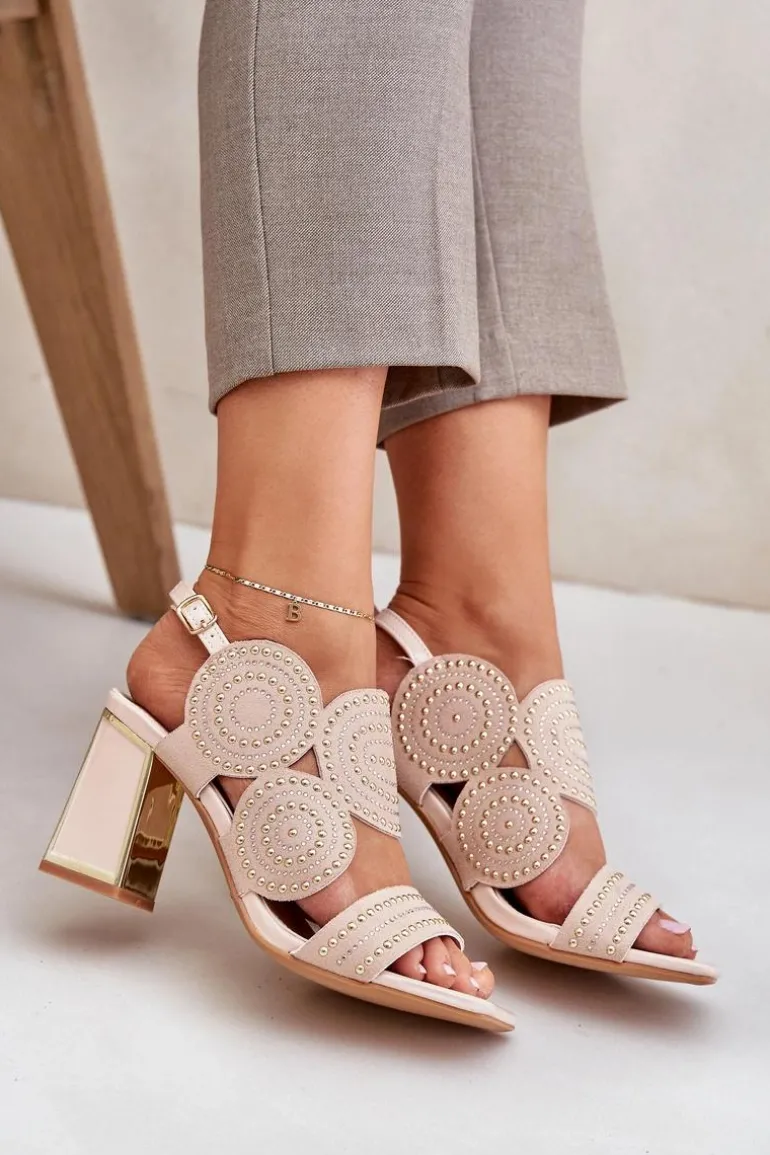 Zdobione Sandały Na Słupku Beżowe Delariona