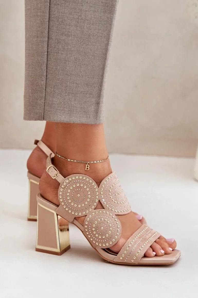 Zdobione Sandały Na Słupku Ciemnobeżowe Delariona