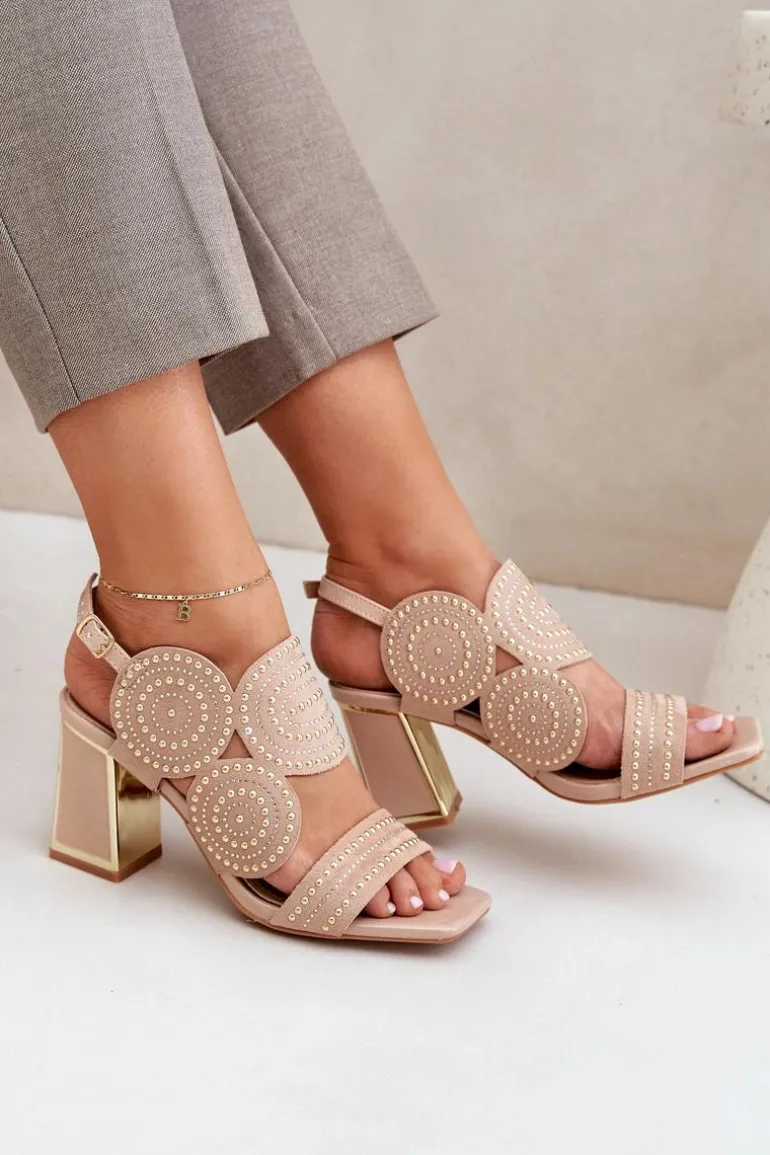 Zdobione Sandały Na Słupku Ciemnobeżowe Delariona