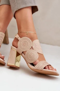 Zdobione Sandały Na Słupku Ciemnobeżowe Delariona