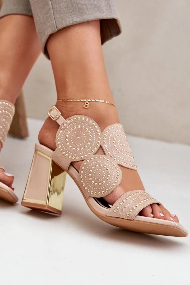 Zdobione Sandały Na Słupku Ciemnobeżowe Delariona