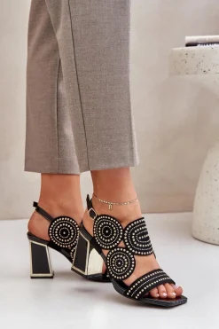 Zdobione Sandały Na Słupku Czarne Delariona