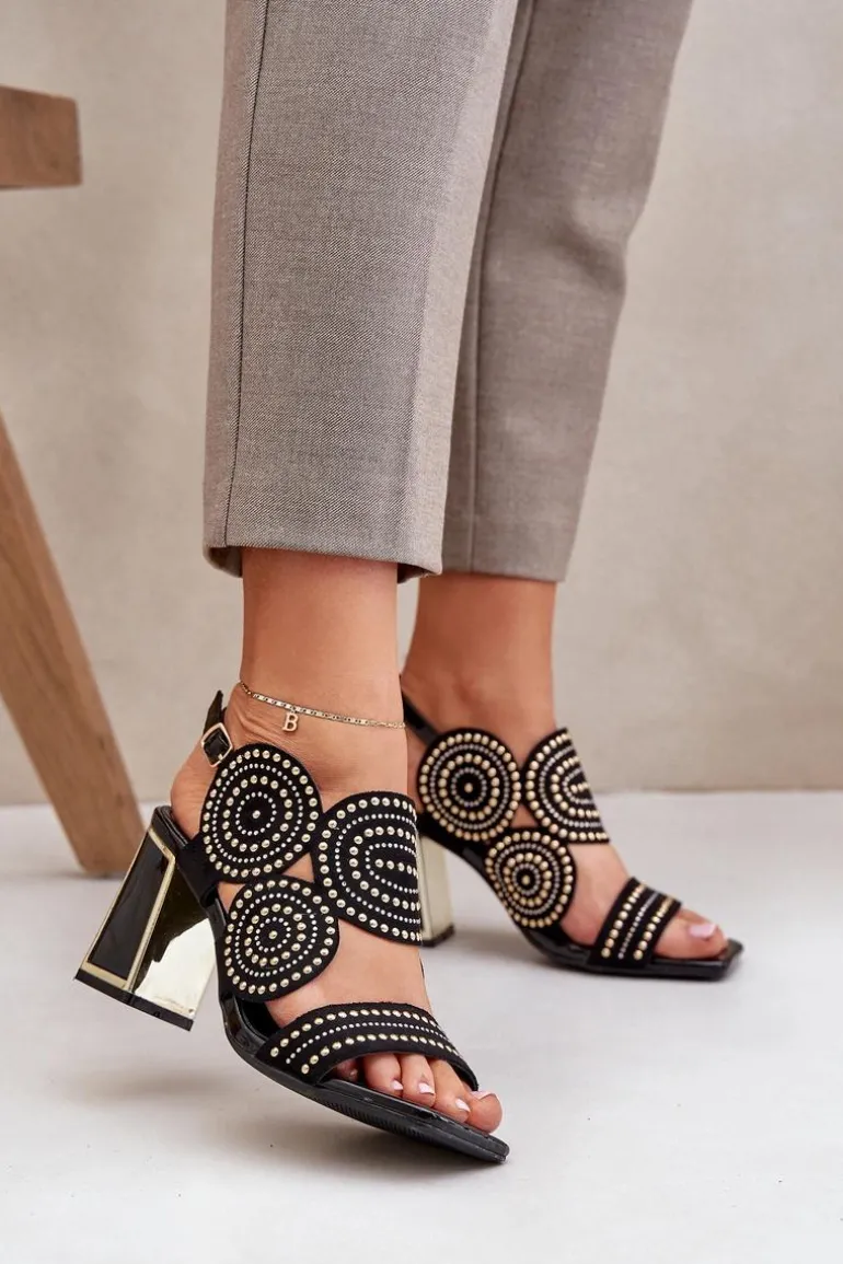 Zdobione Sandały Na Słupku Czarne Delariona