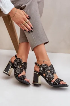 Zdobione Sandały Na Słupku Czarne Delariona