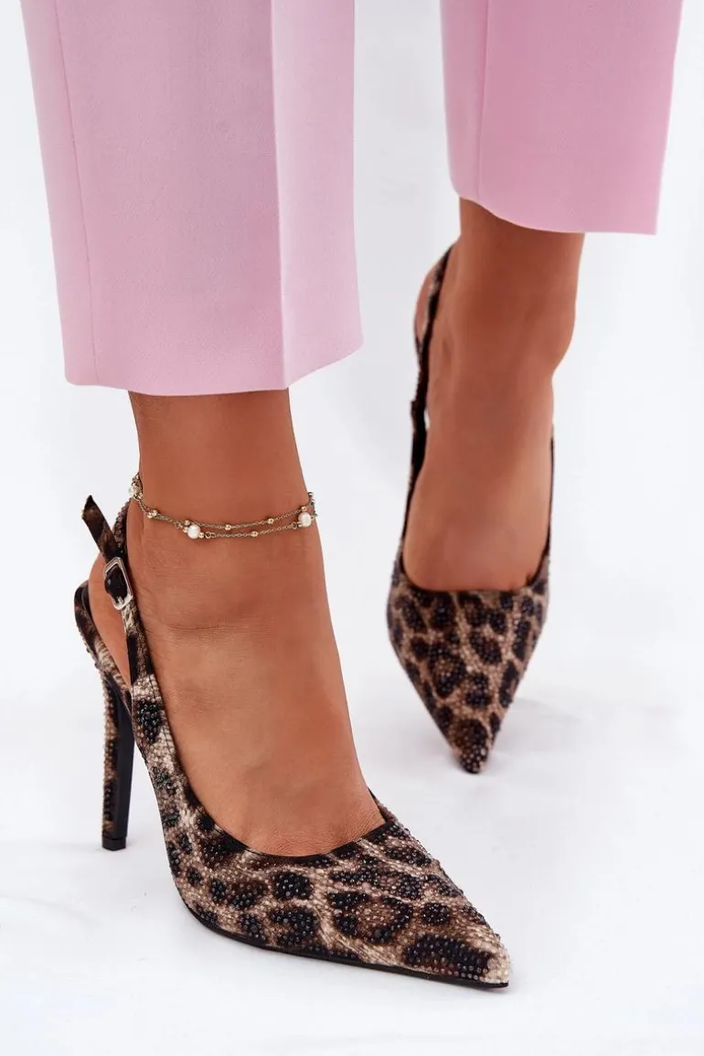 Zdobione Sandały Na Szpilce Panterka Beżowo-Czarne Kemonia