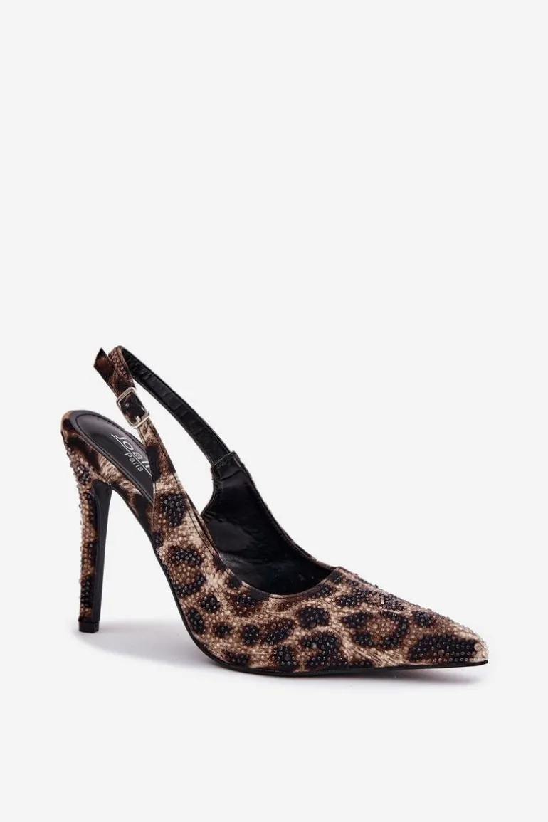 Zdobione Sandały Na Szpilce Panterka Beżowo-Czarne Kemonia