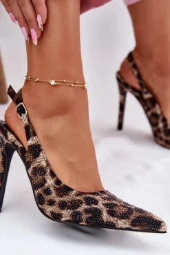 Zdobione Sandały Na Szpilce Panterka Beżowo-Czarne Kemonia