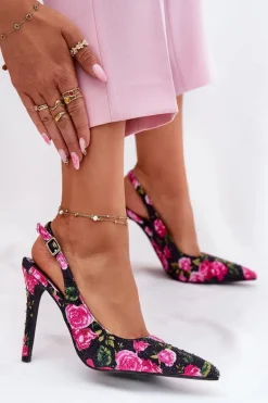 Zdobione Sandały Na Szpilce W Róże Czarne Vevessa