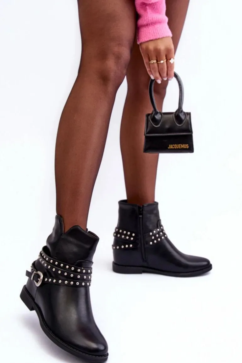 Zdobione Skórzane Botki Damskie Na Płaskim Obcasie Czarne Adkrana