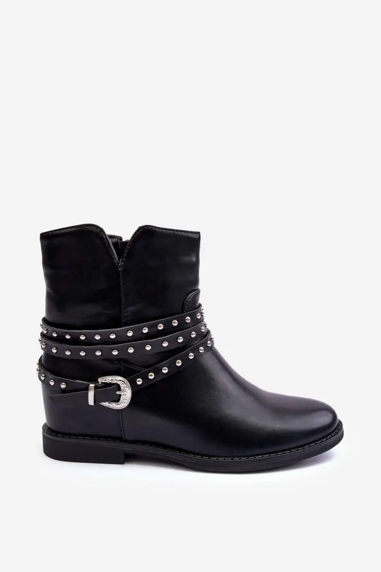 Zdobione Skórzane Botki Damskie Na Płaskim Obcasie Czarne Adkrana