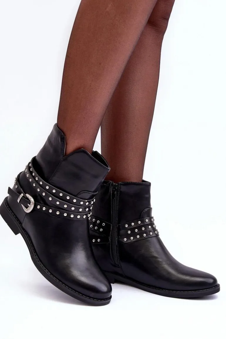 Zdobione Skórzane Botki Damskie Na Płaskim Obcasie Czarne Adkrana