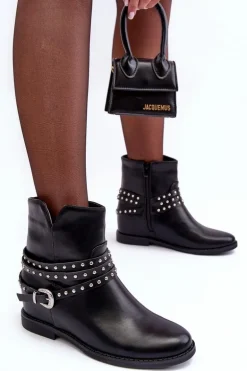 Zdobione Skórzane Botki Damskie Na Płaskim Obcasie Czarne Adkrana