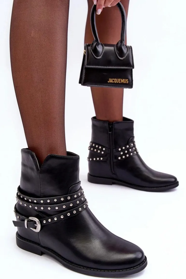 Zdobione Skórzane Botki Damskie Na Płaskim Obcasie Czarne Adkrana