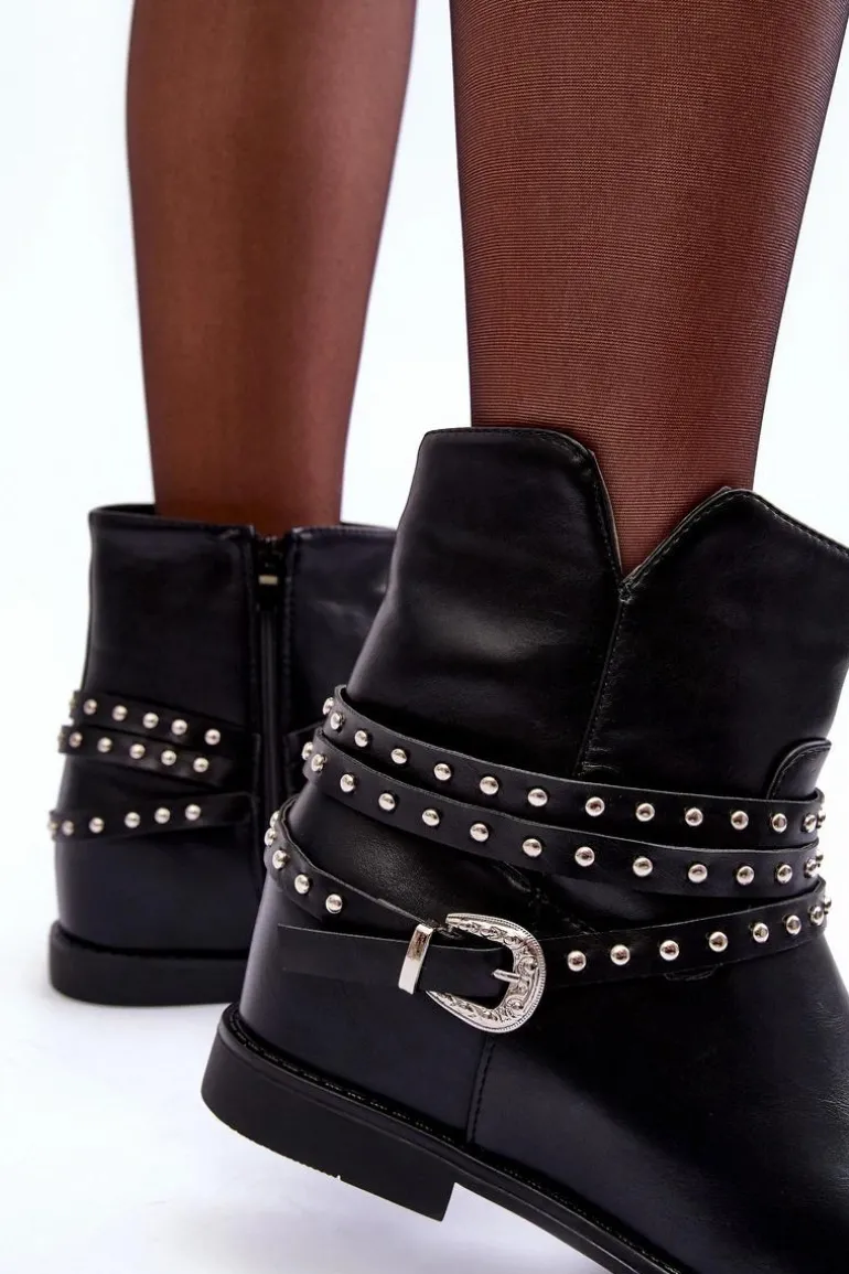 Zdobione Skórzane Botki Damskie Na Płaskim Obcasie Czarne Adkrana