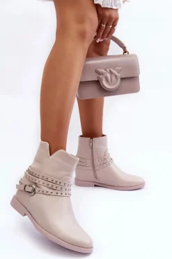 Zdobione Skórzane Botki Damskie Na Płaskim Obcasie Beżowe Adkrana
