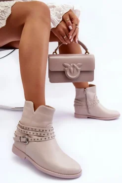 Zdobione Skórzane Botki Damskie Na Płaskim Obcasie Beżowe Adkrana