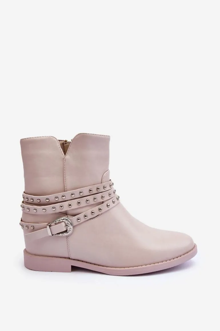 Zdobione Skórzane Botki Damskie Na Płaskim Obcasie Beżowe Adkrana