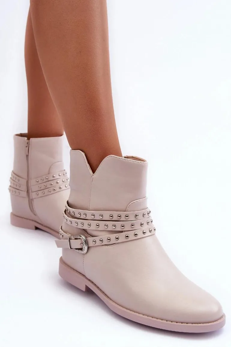 Zdobione Skórzane Botki Damskie Na Płaskim Obcasie Beżowe Adkrana