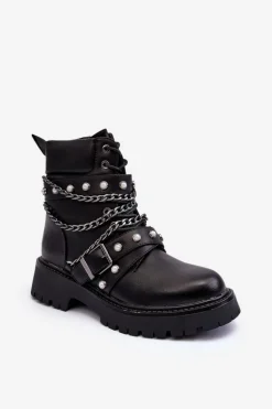 Zdobione Skórzane Damskie Botki Workery Czarne Sibenna