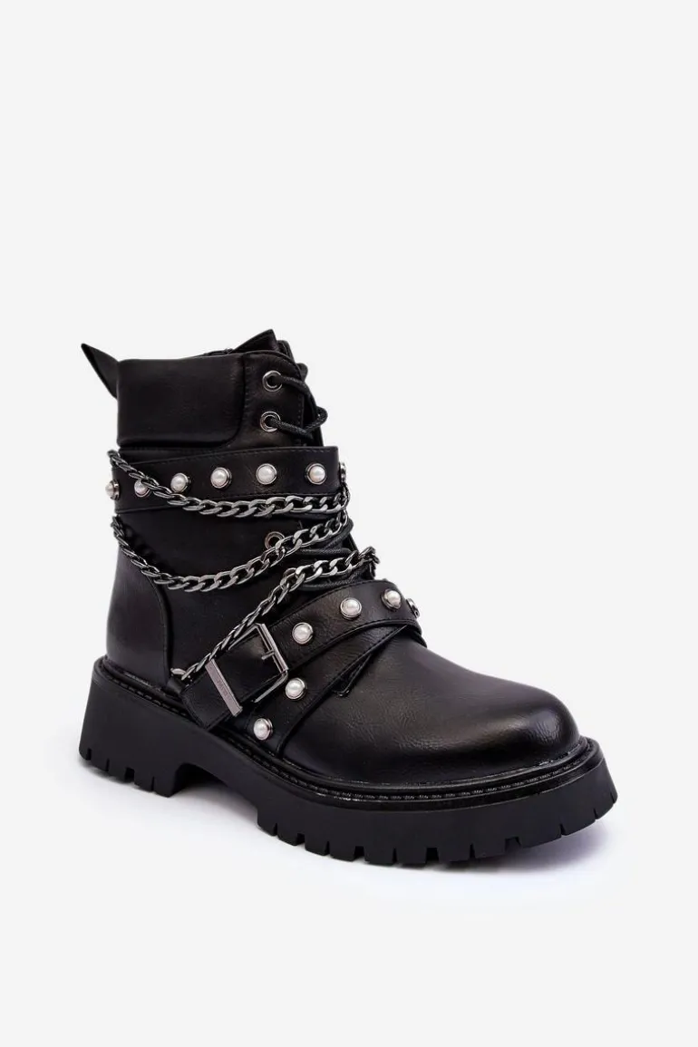 Zdobione Skórzane Damskie Botki Workery Czarne Sibenna