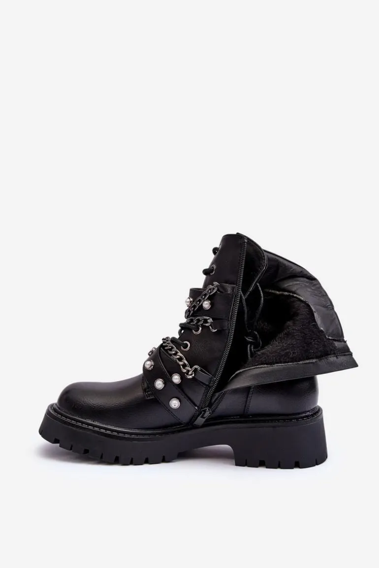 Zdobione Skórzane Damskie Botki Workery Czarne Sibenna