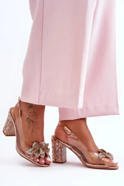 Zdobione Stylowe Sandały Transparentne Różowe Złoto S.Barski MR1037-18