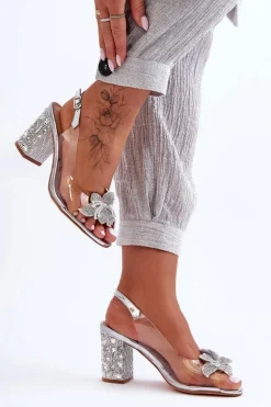 Zdobione Stylowe Sandały Transparentne Srebrne S.Barski MR1037-18