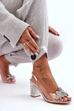 Zdobione Stylowe Sandały Transparentne Srebrne S.Barski MR1037-18