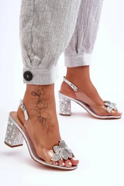 Zdobione Stylowe Sandały Transparentne Srebrne S.Barski MR1037-18