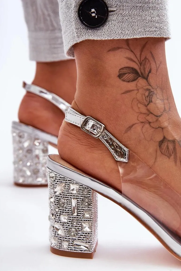 Zdobione Stylowe Sandały Transparentne Srebrne S.Barski MR1037-18