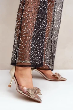 Zdobione Szpilki Z Kokardą Złote Laviri