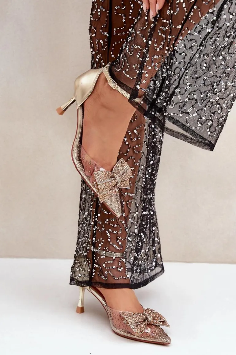 Zdobione Szpilki Z Kokardą Złote Laviri