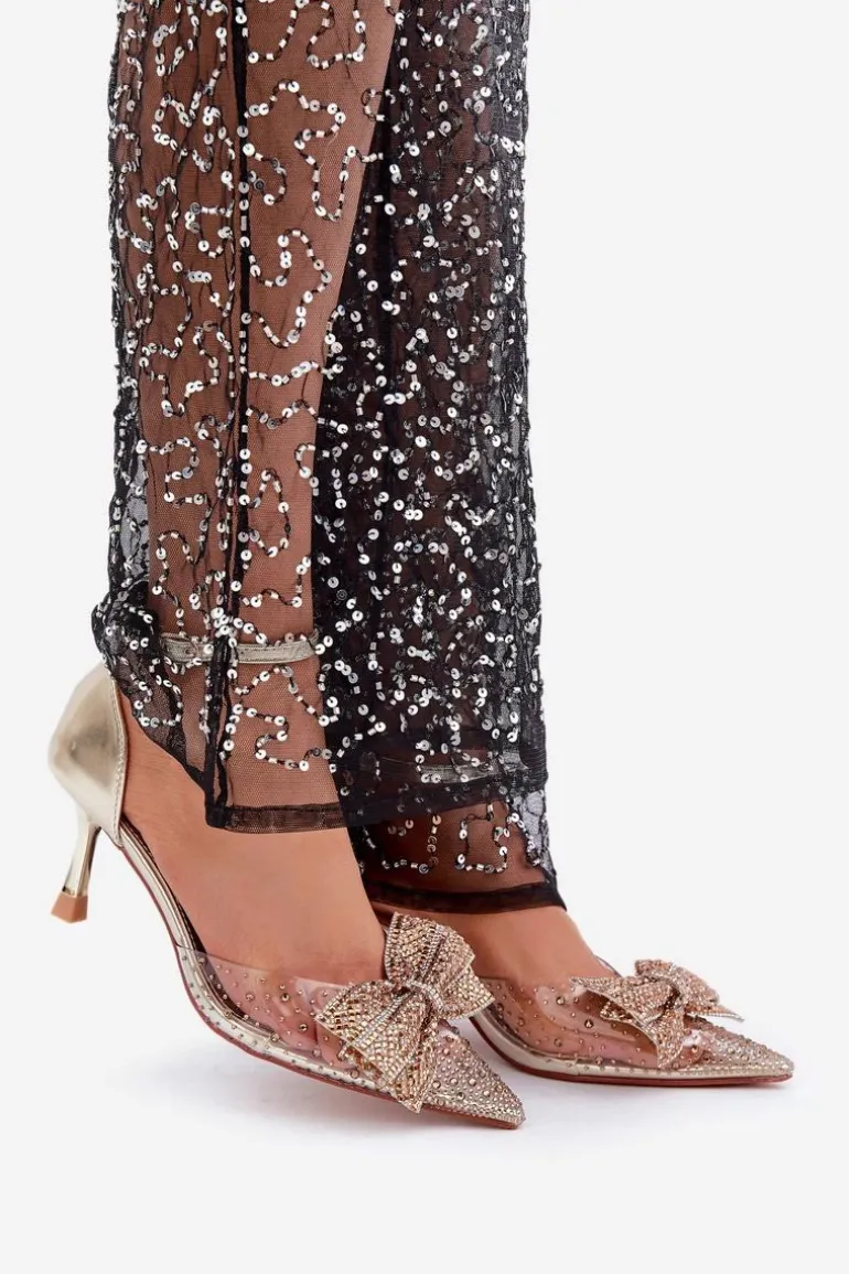 Zdobione Szpilki Z Kokardą Złote Laviri