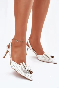 Zdobione Szpilki Z Odkrytą Piętą I Kokardką Białe Nilandriela