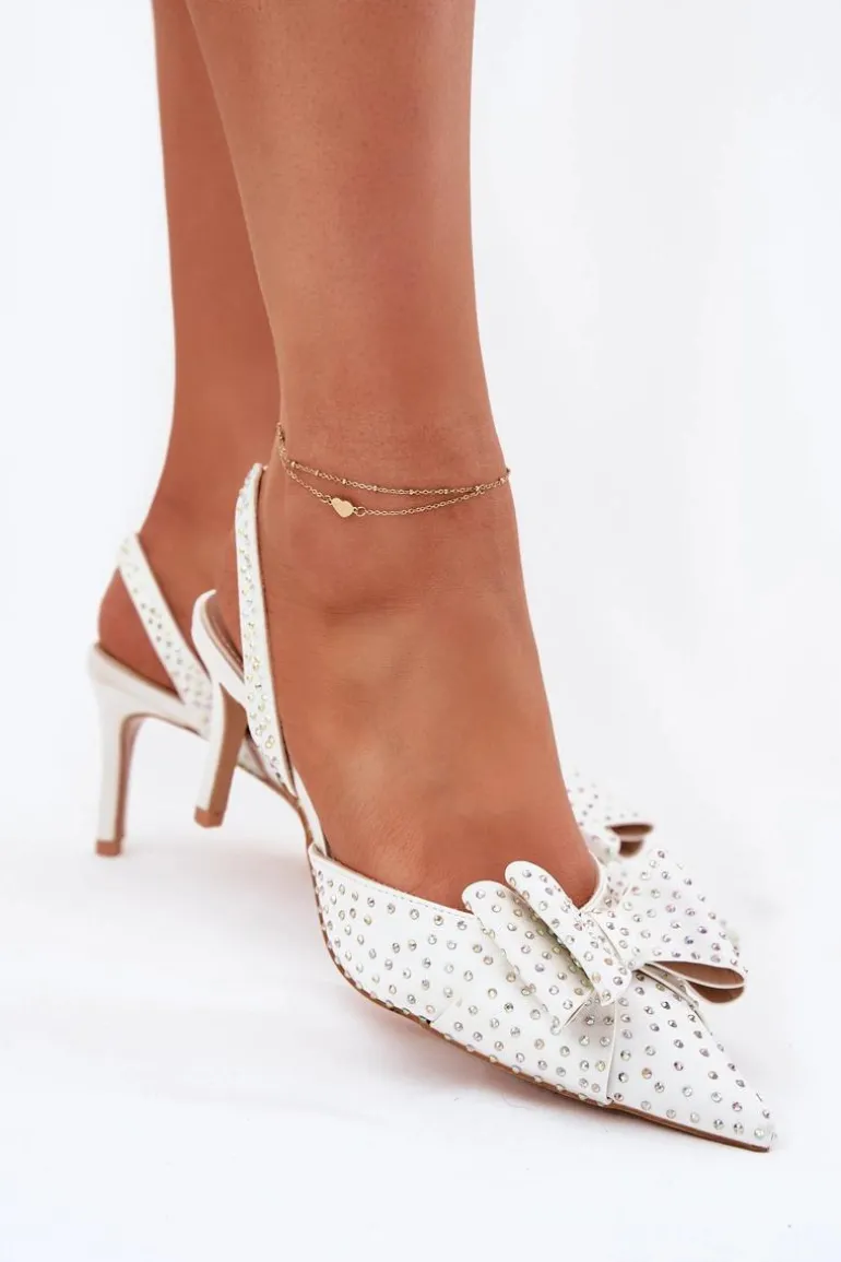 Zdobione Szpilki Z Odkrytą Piętą I Kokardką Białe Nilandriela