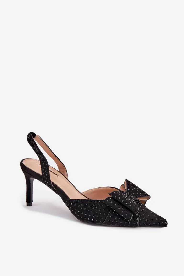 Zdobione Szpilki Z Odkrytą Piętą I Kokardką Czarne Nilandriela