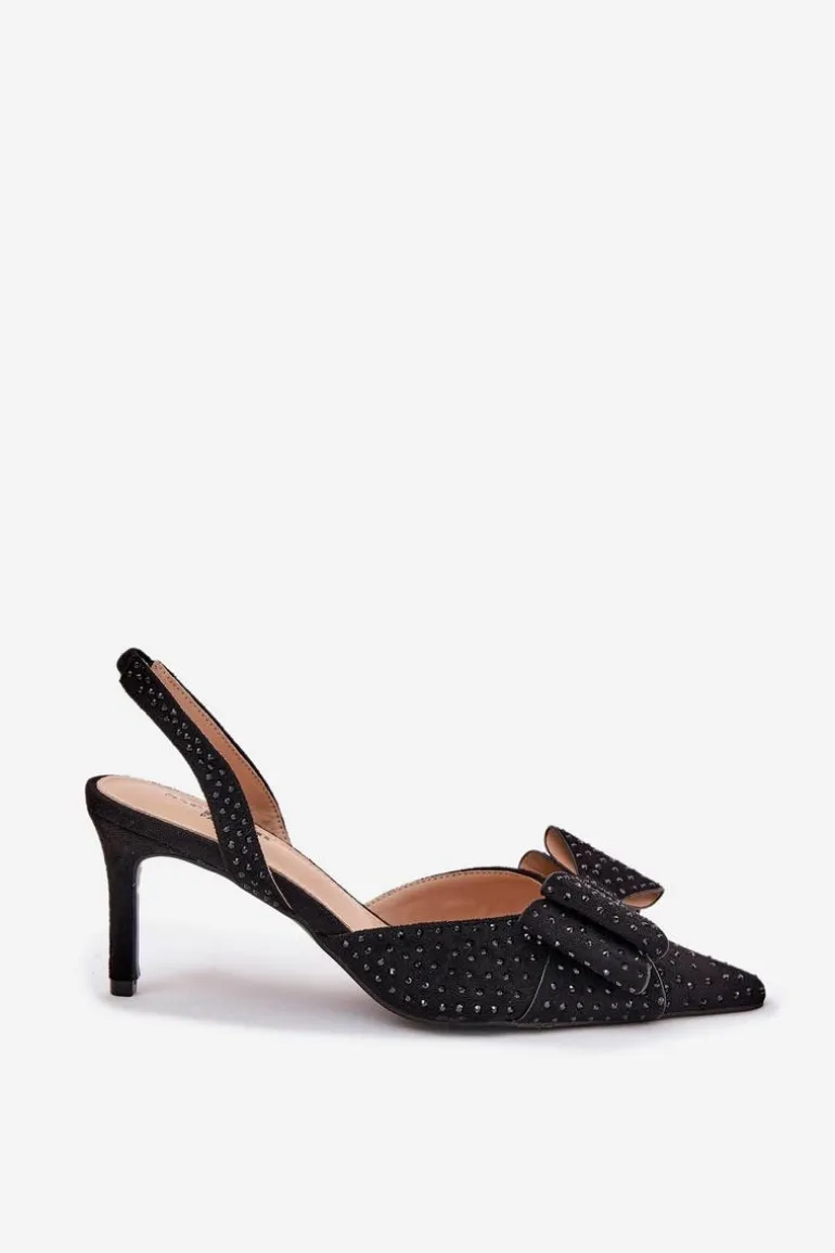 Zdobione Szpilki Z Odkrytą Piętą I Kokardką Czarne Nilandriela