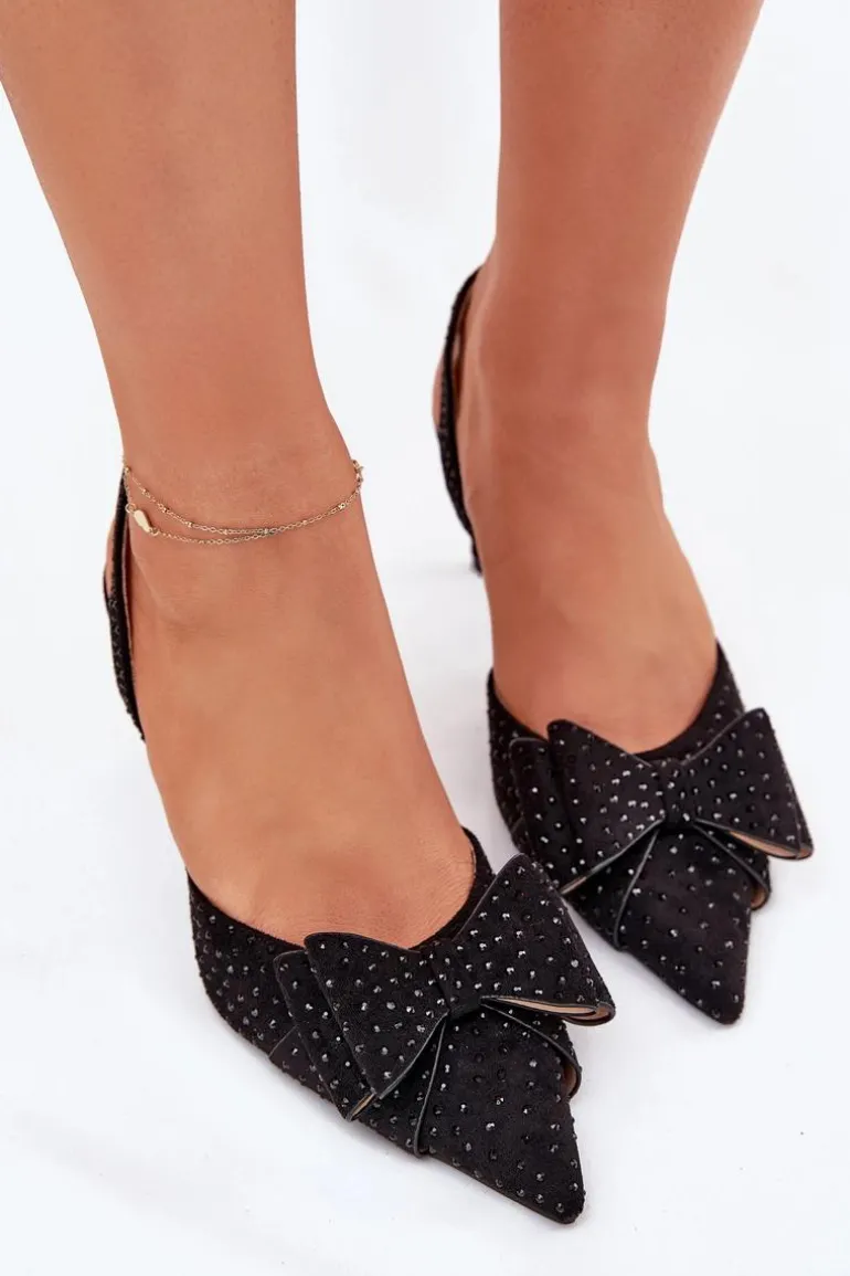 Zdobione Szpilki Z Odkrytą Piętą I Kokardką Czarne Nilandriela