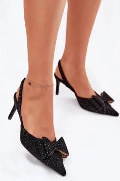 Zdobione Szpilki Z Odkrytą Piętą I Kokardką Czarne Nilandriela