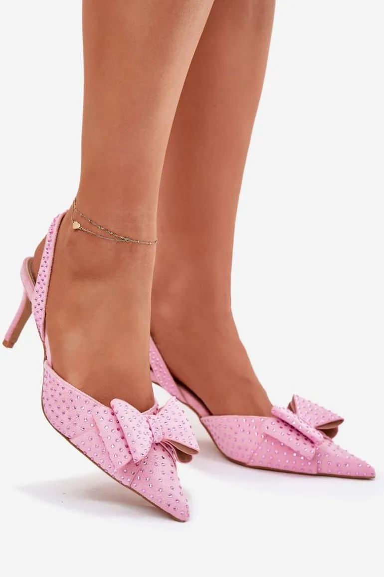 Zdobione Szpilki Z Odkrytą Piętą I Kokardką Różowe Nilandriela