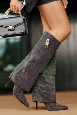 Zdobione Wsuwane Kozaki Na Szpilce Z Wywiniętą Cholewką Czarne Enathlin