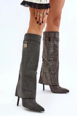 Zdobione Wsuwane Kozaki Na Szpilce Z Wywiniętą Cholewką Czarne Enathlin