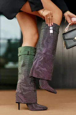 Zdobione Wsuwane Kozaki Na Szpilce Z Wywiniętą Cholewką Czarne Enathlin