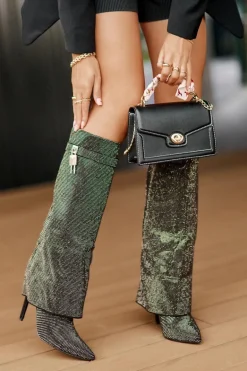 Zdobione Wsuwane Kozaki Na Szpilce Z Wywiniętą Cholewką Czarne Enathlin