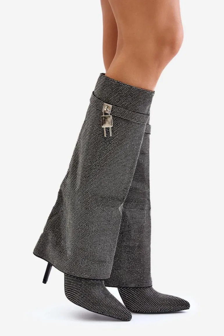 Zdobione Wsuwane Kozaki Na Szpilce Z Wywiniętą Cholewką Czarne Enathlin