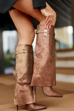 Zdobione Wsuwane Kozaki Na Szpilce Z Wywiniętą Cholewką Brązowe Enathlin