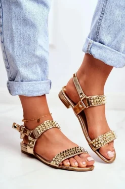 Złote Damskie Płaskie Sandałki Lu Boo Z Ćwiekami Aldona